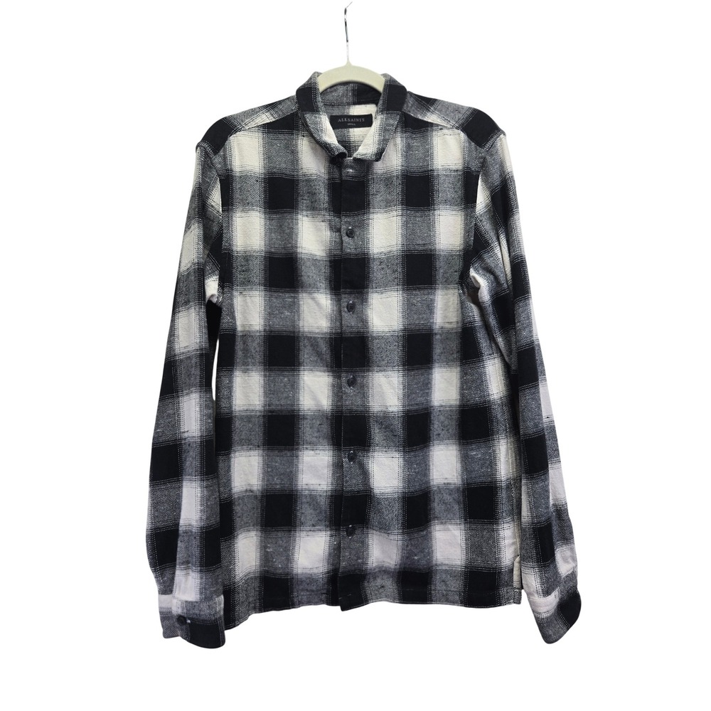 AllSaints Alamosa Shirt Mens Small Black White Buffalo Plaid Flannel Shirt Flaw